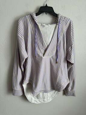Bucket List Yellow Lilac Striped V-Neck Oversize Sweatshirt Hoodie Women M Beach